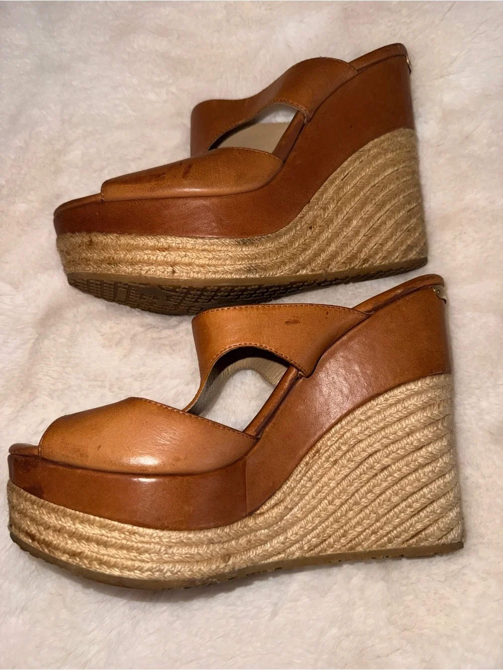 Jimmy Choo Cognac Leather Espadrille Wedge Sandals